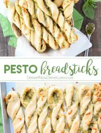 These easy Pesto Breadsticks are soft and flavorful with savory basil pesto and cheesy mozzarella twisted inside. A great appetizer or side for soup, salad, or pasta.﻿