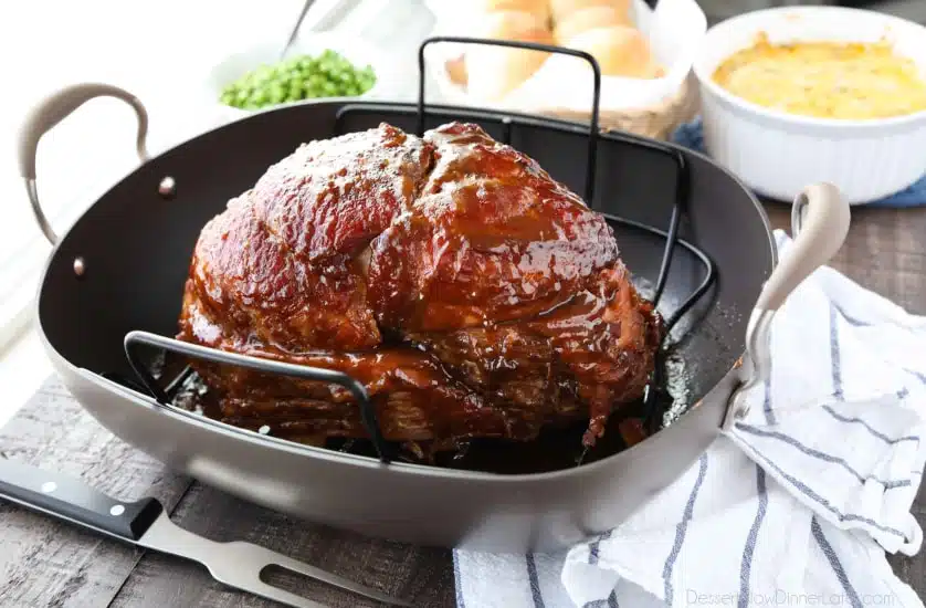 Brown Sugar Mustard Glazed Ham is super easy to make with only a few common ingredients for a thick, sticky glaze. No pre-cooking the glaze. Just mix, slather, and bake. It's the easiest holiday ham!