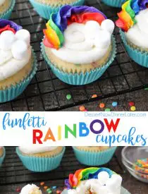 These Funfetti Rainbow Cupcakes are colorful inside and out! Homemade funfetti cupcakes are moist and full of sprinkles. Then topped with a colorful buttercream rainbow and mini marshmallow clouds. Super fun for birthday cupcakes or perfectly festive for St. Patrick's Day!
