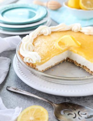 Lemon Cream Cheese Pie has layers of no-bake cheesecake and an easy microwave lemon curd inside of a vanilla wafer crust. It’s the perfect combination of sweet and tart. A great dessert for spring, Easter, or summer!