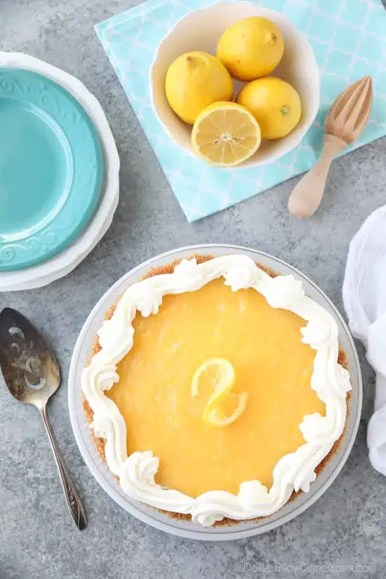 Lemon Cream Cheese Pie has layers of no-bake cheesecake and an easy microwave lemon curd inside of a vanilla wafer crust. It’s the perfect combination of sweet and tart. A great dessert for spring, Easter, or summer!