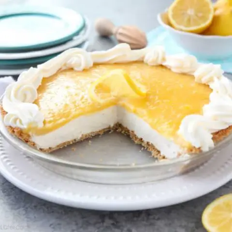 Lemon Cream Cheese Pie has layers of no-bake cheesecake and an easy microwave lemon curd inside of a vanilla wafer crust. It’s the perfect combination of sweet and tart. A great dessert for spring, Easter, or summer!