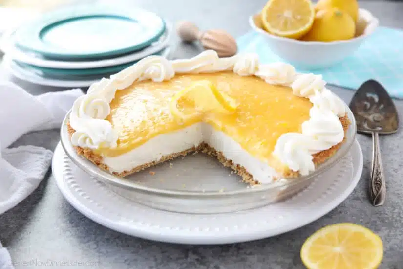 Lemon Cream Cheese Pie has layers of no-bake cheesecake and an easy microwave lemon curd inside of a vanilla wafer crust. It’s the perfect combination of sweet and tart. A great dessert for spring, Easter, or summer!