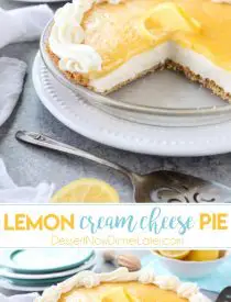 Lemon Cream Cheese Pie has layers of no-bake cheesecake and an easy microwave lemon curd inside of a vanilla wafer crust. It’s the perfect combination of sweet and tart. A great dessert for spring, Easter, or summer!