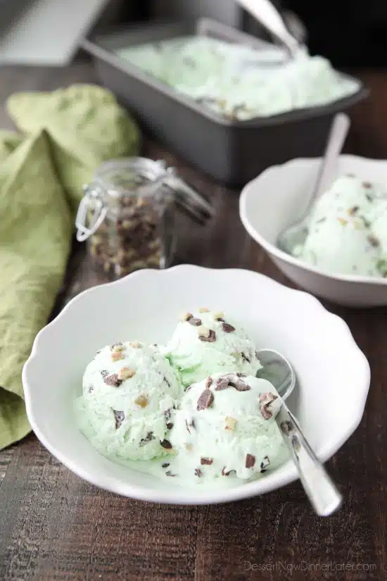 No ice cream maker required for this no churn Mint Chocolate Chip Ice Cream. It's creamy, with just the right amount of mint. Use Andes mint chips for extra mint flavor, or keep it classic with mini chocolate chips. 