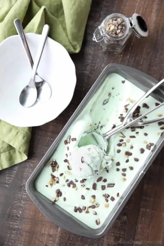 No ice cream maker required for this no churn Mint Chocolate Chip Ice Cream. It's creamy, with just the right amount of mint. Use Andes mint chips for extra mint flavor, or keep it classic with mini chocolate chips. 