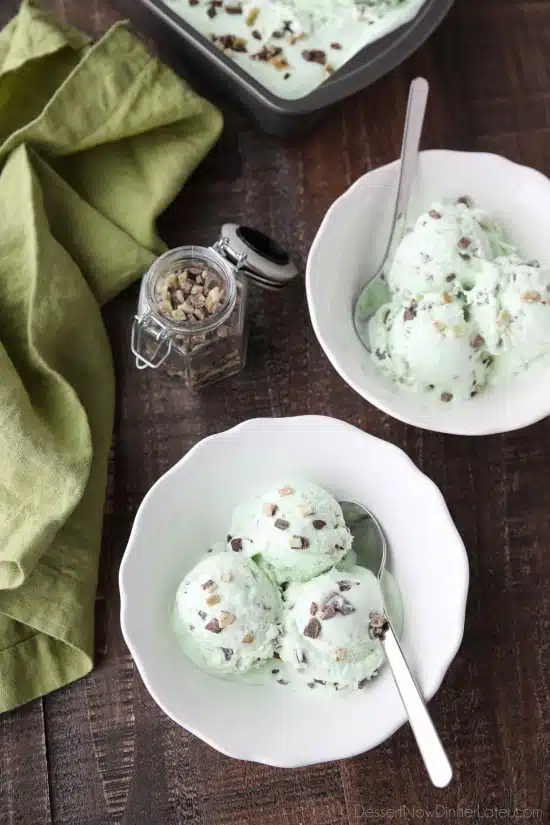 No ice cream maker required for this no churn Mint Chocolate Chip Ice Cream. It's creamy, with just the right amount of mint. Use Andes mint chips for extra mint flavor, or keep it classic with mini chocolate chips. 