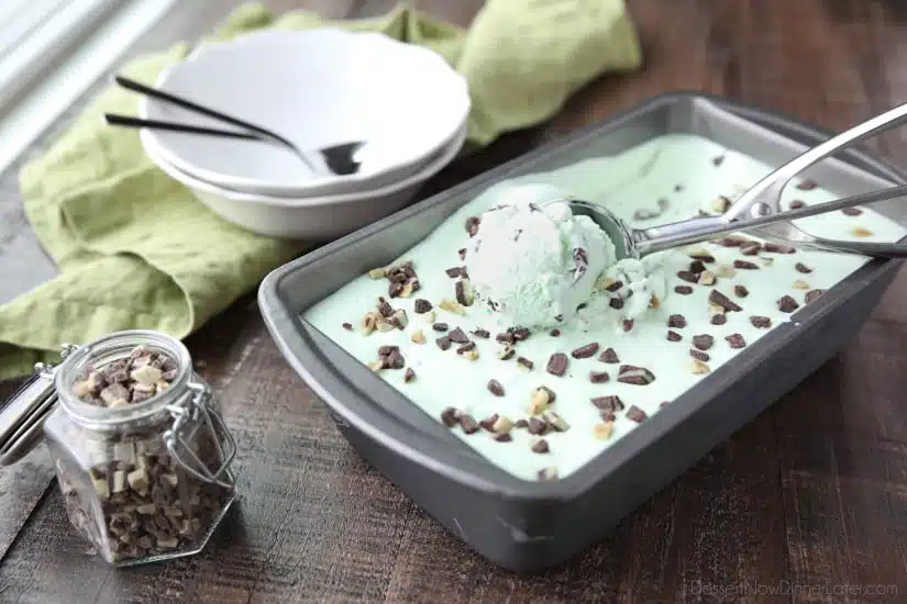 No ice cream maker required for this no churn Mint Chocolate Chip Ice Cream. It's creamy, with just the right amount of mint. Use Andes mint chips for extra mint flavor, or keep it classic with mini chocolate chips. 