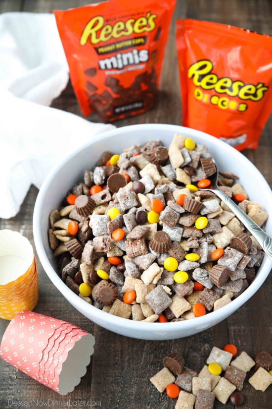 Reese's Muddy Buddies are a twist on the classic with both chocolate and peanut butter coated cereal pieces tossed together with Reese's Pieces and Reese's Minis. This is the ultimate peanut butter and chocolate puppy chow snack mix.