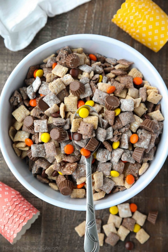 Reese's Muddy Buddies are a twist on the classic with both chocolate and peanut butter coated cereal pieces tossed together with Reese's Pieces and Reese's Minis. This is the ultimate peanut butter and chocolate puppy chow snack mix.