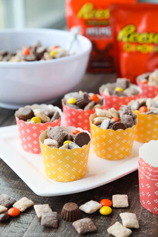 Reese's Muddy Buddies are a twist on the classic with both chocolate and peanut butter coated cereal pieces tossed together with Reese's Pieces and Reese's Minis. This is the ultimate peanut butter and chocolate puppy chow snack mix.