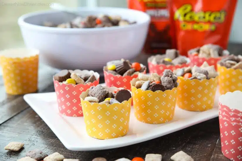 Reese's Muddy Buddies are a twist on the classic with both chocolate and peanut butter coated cereal pieces tossed together with Reese's Pieces and Reese's Minis. This is the ultimate peanut butter and chocolate puppy chow snack mix.