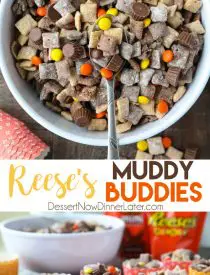 Reese's Muddy Buddies are a twist on the classic with both chocolate and peanut butter coated cereal pieces tossed together with Reese's Pieces and Reese's Minis. This is the ultimate peanut butter and chocolate puppy chow snack mix.