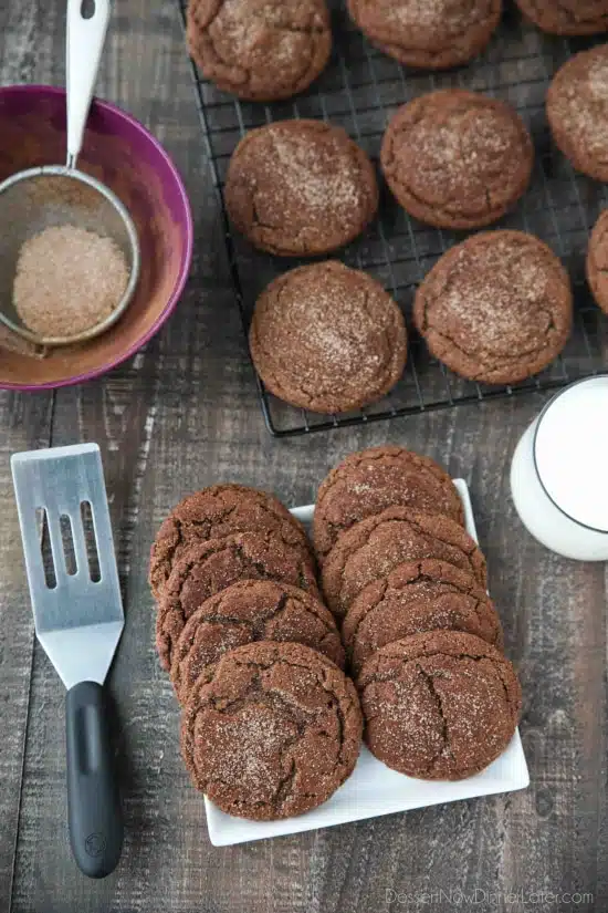 Chocolate Snickerdoodles - soft and chewy chocolate cookies are coated in cinnamon-sugar and baked to perfection.