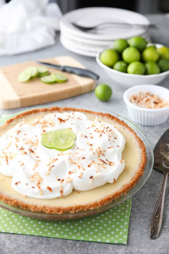 Coconut Key Lime Pie has coconut in the crust, cream of coconut in the key lime filling, and toasted coconut on top! A tropical dessert that's creamy, sweet, and tart.