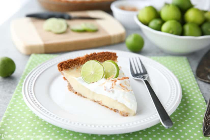 Coconut Key Lime Pie has coconut in the crust, cream of coconut in the key lime filling, and toasted coconut on top! A tropical dessert that's creamy, sweet, and tart.