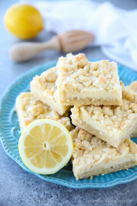 Lemon Crumb Bars have a lightly sweet and buttery cookie base that doubles as the crumb topping, and an easy creamy lemon filling in the center. A delicious bar dessert that is a great substitute for pie.