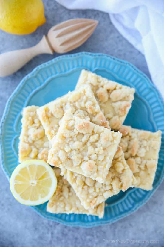 Lemon Crumb Bars have a lightly sweet and buttery cookie base that doubles as the crumb topping, and an easy creamy lemon filling in the center. A delicious bar dessert that is a great substitute for pie.