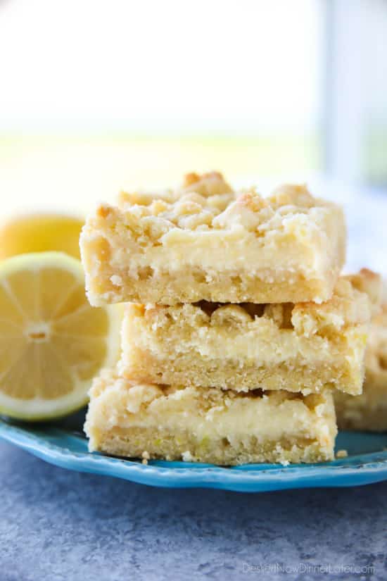 Lemon Crumb Bars have a lightly sweet and buttery cookie base that doubles as the crumb topping, and an easy creamy lemon filling in the center. A delicious bar dessert that is a great substitute for pie.