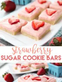 Strawberry Sugar Cookie Bars - soft, moist sugar cookie bars are topped with a natural strawberry frosting. Super easy to make and serves a crowd!