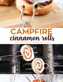 Campfire Cinnamon Rolls are cooked on a stick over a fire or grill. As easy as a can of biscuits, but with real yeast dough instead! The best cinnamon rolls you will ever have while camping!