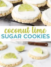 Coconut Lime Sugar Cookies - an easy sugar cookie recipe with a tropical fruit twist. You'll love these moist sugar cookies with a hint of lime, creamy coconut frosting, and a fresh lime wedge to squeeze on top. A Twisted Sugar copycat recipe.