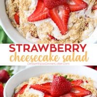 Strawberry Cheesecake Salad is loaded with cream cheese, jello pudding, yogurt, fresh strawberries, and whipped topping then sprinkled with a graham cracker crust. It's a delicious potluck salad, fluff salad, or decadent fruit salad that doubles as a dessert.﻿
