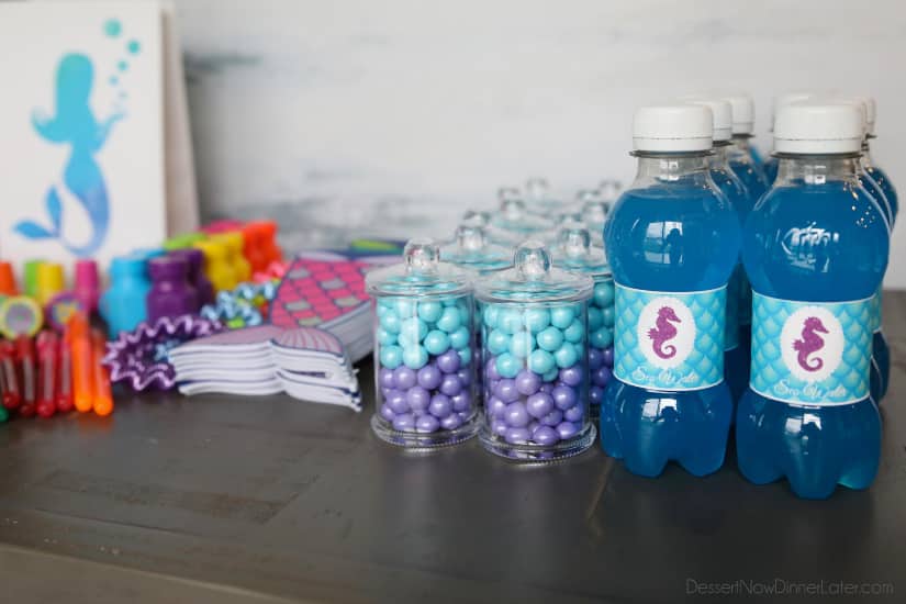 Mermaid Party Favor Bags - candy jar of edible chocolate pearls, "sea water" mini soda bottles