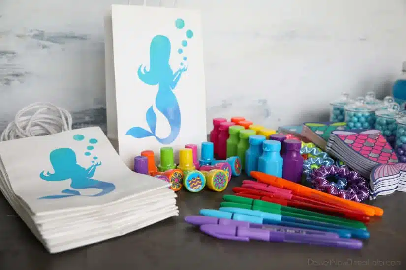 Mermaid Party Favor Bags - mermaid silhouette bag, pens, stampers, bubbles, bracelets, mermaid tail notebooks