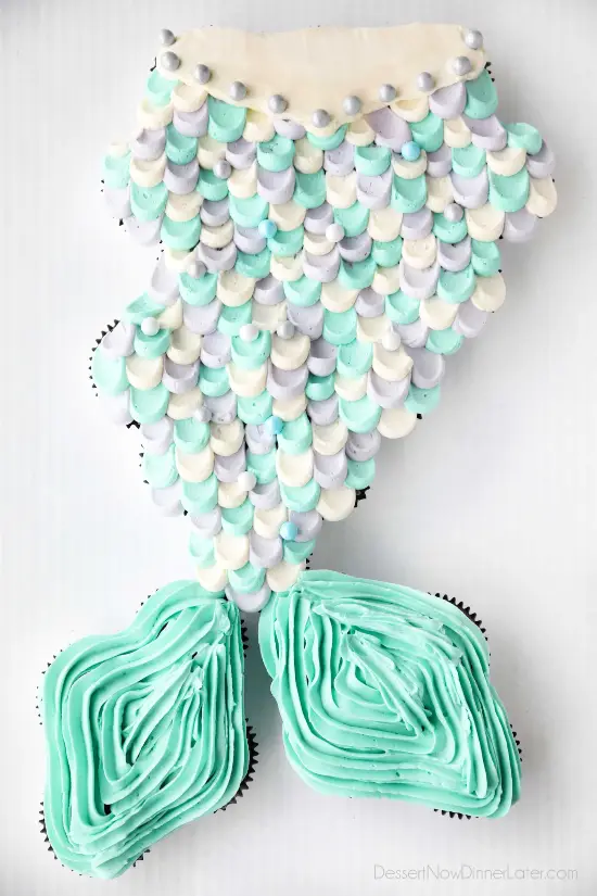 Mermaid Tail Cupcake Cake - full decorating tutorial with template and other mermaid birthday party ideas.