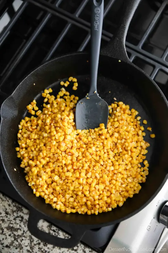 Use fresh, frozen, or canned corn roasted in a cast iron skillet for this Mexican Street Corn Salad delicious hot or cold.