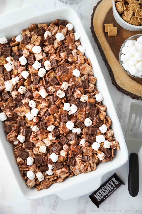 S'mores Krispie Treats have all the flavors of traditional s'mores made into an easy no-bake summer dessert. Loaded with Golden Grahams cereal, plenty of marshmallows and chocolate, these indoor s'mores bars are a crowd favorite.