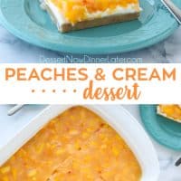 This Peaches and Cream Dessert has a pecan shortbread crust, no-bake cheesecake filling, and fresh peach layer on top. It's a delicious light and fruity summer dessert.