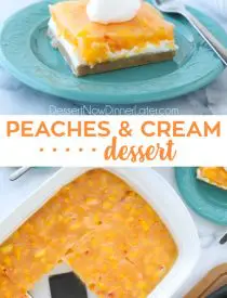 This Peaches and Cream Dessert has a pecan shortbread crust, no-bake cheesecake filling, and fresh peach layer on top. It's a delicious light and fruity summer dessert.