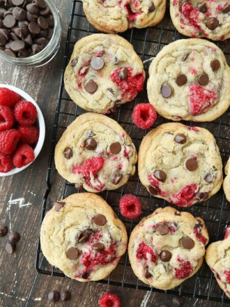 Raspberry Chocolate Chip Cookies takes your favorite chewy chocolate chip cookies to the next level with the addition of sweet and tangy fresh raspberries.