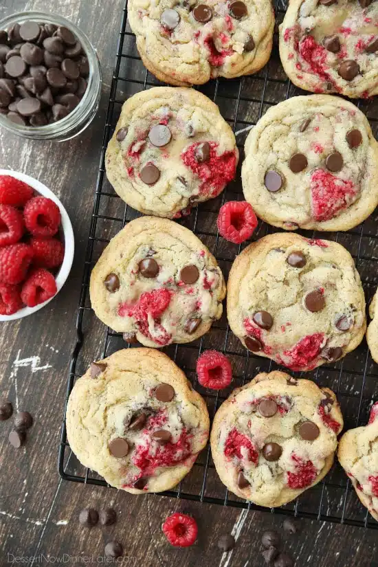 Raspberry Chocolate Chip Cookies takes your favorite chewy chocolate chip cookies to the next level with the addition of sweet and tangy fresh raspberries.