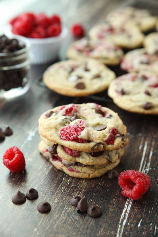 Raspberry Chocolate Chip Cookies takes your favorite chewy chocolate chip cookies to the next level with the addition of sweet and tangy fresh raspberries.