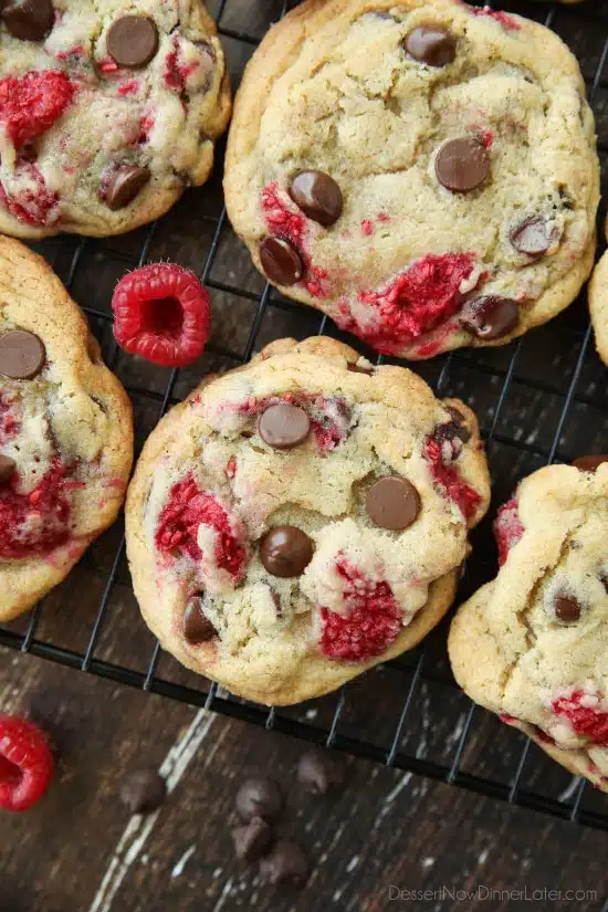 Raspberry Chocolate Chip Cookies takes your favorite chewy chocolate chip cookies to the next level with the addition of sweet and tangy fresh raspberries.