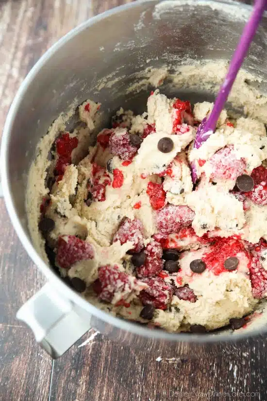 Raspberry Chocolate Chip Cookies takes your favorite chewy chocolate chip cookies to the next level with the addition of sweet and tangy fresh raspberries.