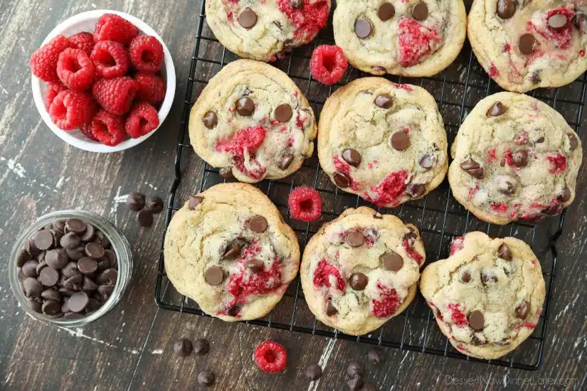 Raspberry Chocolate Chip Cookies takes your favorite chewy chocolate chip cookies to the next level with the addition of sweet and tangy fresh raspberries.