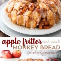 Apple Fritter Monkey Bread is an easy and delicious pull apart bread with chunks of caramelized apples, sticky cinnamon-sugar, and a light glaze. Fashioned after your favorite donut, this apple fritter bread makes a tasty breakfast or dessert.