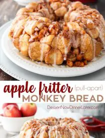 Apple Fritter Monkey Bread is an easy and delicious pull apart bread with chunks of caramelized apples, sticky cinnamon-sugar, and a light glaze. Fashioned after your favorite donut, this apple fritter bread makes a tasty breakfast or dessert.