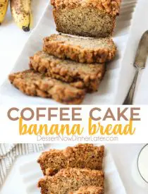 Coffee Cake Banana Bread combines classic banana bread with the amazing cinnamon streusel of coffee cake. This delicious quick bread is perfect for breakfast, brunch, or dessert.