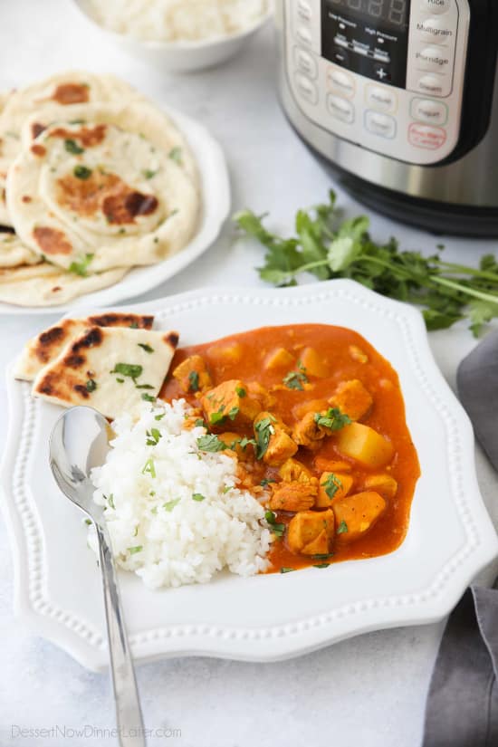 Instant Pot Indian Butter Chicken is quick, easy, creamy and flavorful. Chunks of chicken and potatoes are smothered in a mild tomato and coconut milk sauce that's filled with fragrant Indian spices. Serve it with some garlic naan for a restaurant quality dinner at home.