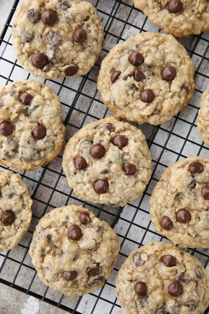 These Oatmeal Chocolate Chip Cookies are thick, soft, and chewy, with plenty of hearty old fashioned oats and creamy chocolate chips. An easy classic recipe.