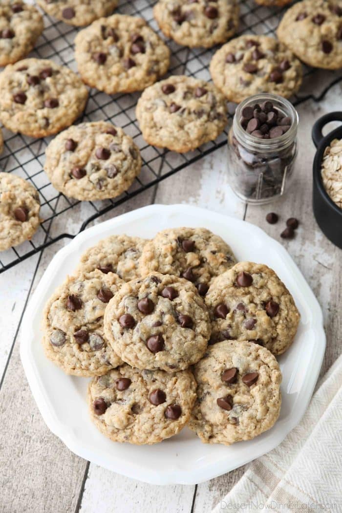 These Oatmeal Chocolate Chip Cookies are thick, soft, and chewy, with plenty of hearty old fashioned oats and creamy chocolate chips. An easy classic recipe.