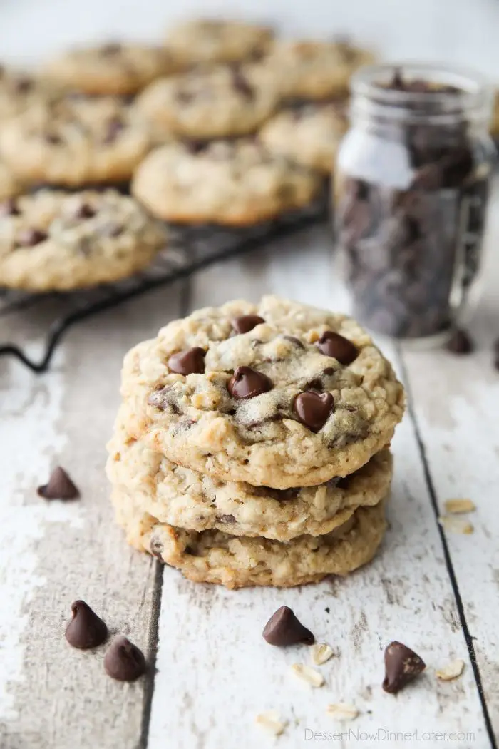 These Oatmeal Chocolate Chip Cookies are thick, soft, and chewy, with plenty of hearty old fashioned oats and creamy chocolate chips. An easy classic recipe.