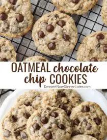 These Oatmeal Chocolate Chip Cookies are thick, soft, and chewy, with plenty of hearty old fashioned oats and creamy chocolate chips. An easy classic recipe.