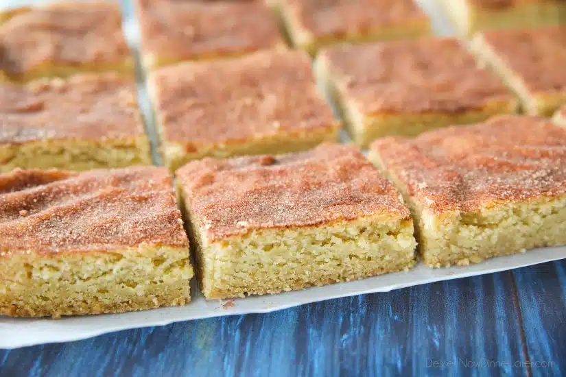 Snickerdoodle Bars transform classic snickerdoodle cookies into easy-to-make blondies. Thick, soft, buttery cookie bars are topped with plenty of cinnamon-sugar. These flavorful, melt-in-your-mouth dessert bars make enough to serve a crowd. Perfect for potlucks, picnics, and parties.