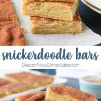 Snickerdoodle Bars transform classic snickerdoodle cookies into easy-to-make blondies. Thick, soft, buttery cookie bars are topped with plenty of cinnamon-sugar. These flavorful, melt-in-your-mouth dessert bars make enough to serve a crowd. Perfect for potlucks, picnics, and parties.